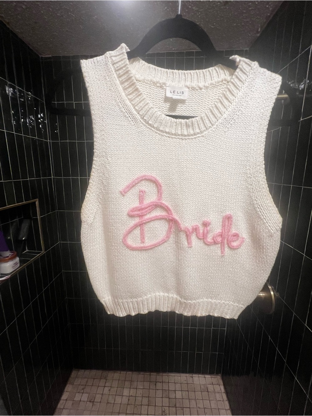 Le Lis Ivory Knit Sleeveless Sweater Vest with Pink 'Bride' Script